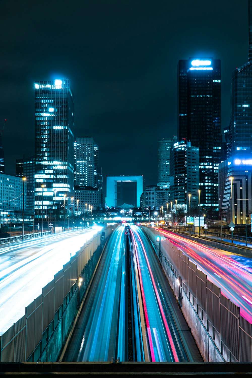 a city skyline at night with long exposure