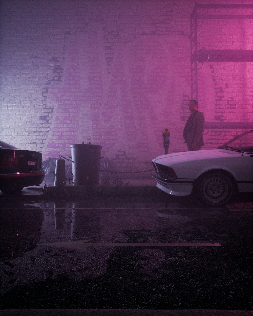 a man standing next to a white car in a parking lot