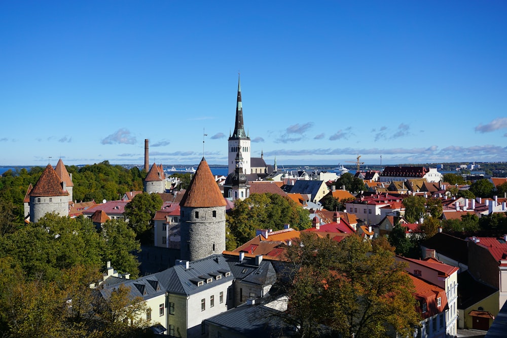 a view of a city with a church tower