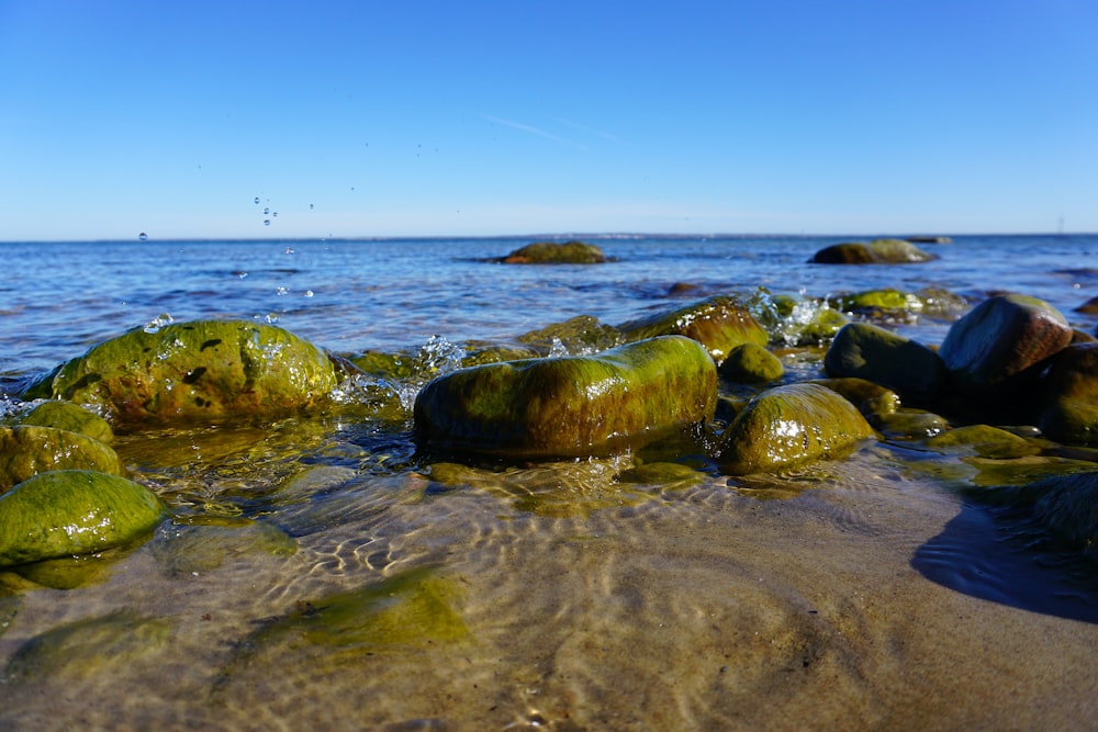 some rocks in the water on a beach