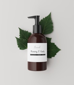 A brown bottle with a black pump dispenser is placed against a neutral, light background. The label on the bottle reads 'Brand Honey & Oats, Organic Body Wash' in a stylish font. Behind the bottle are several green leaves, adding a natural and organic touch to the composition.