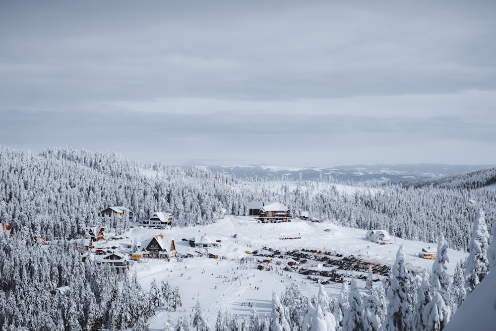 a ski resort surrounded by snow covered trees