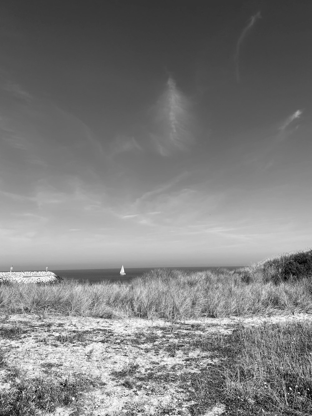 a black and white photo of a sailboat in the distance