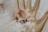 A gold decorative hand sculpture holds a pink dried flower and several silver rings. Delicate white dried flowers are scattered around, creating a soft, elegant composition.