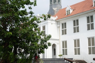 A historic white building with classic architectural features, including tall windows with shutters and a red tiled roof. In the foreground, a large leafy tree partially obscures the view of the structure. Two dark metal cannons are positioned on a raised platform near the building.