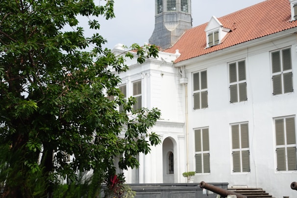 A historic white building with classic architectural features, including tall windows with shutters and a red tiled roof. In the foreground, a large leafy tree partially obscures the view of the structure. Two dark metal cannons are positioned on a raised platform near the building.