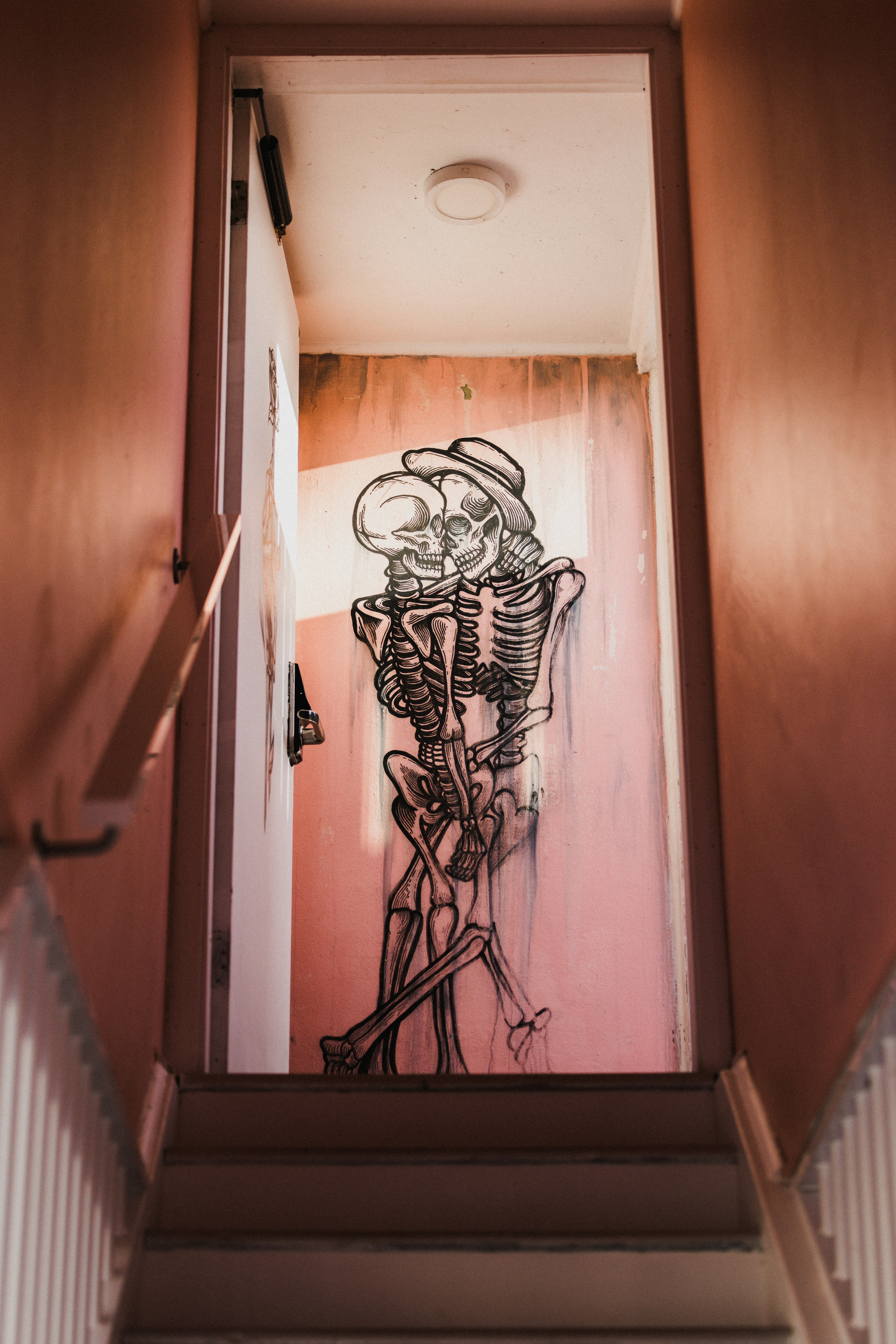 a drawing of a skeleton on a pink wall