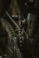 A close-up view of a bicycle chain and gear mechanism with a focus on the metal chain link and surrounding mechanical parts. The image highlights the details of the worn and slightly rusted components, illustrating the functional aspect of the bicycle's drivetrain.