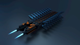 A futuristic spacecraft with sleek, aerodynamic design, featuring multiple blue wings and orange accents. It emits bright blue thruster flames, conveying a sense of speed and technology.