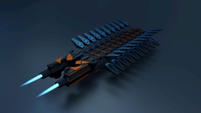 A futuristic spacecraft with sleek, aerodynamic design, featuring multiple blue wings and orange accents. It emits bright blue thruster flames, conveying a sense of speed and technology.