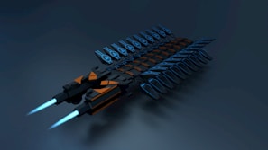 Dispositivo tecnológico com elementos em azul e laranja sobre fundo escuro, estilo sci-fi.