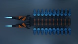 A futuristic spacecraft with two large engines emitting blue flames, and a row of blue and orange glowing symbols on its body. The overall design is sleek and symmetrical, with a dark metallic finish.