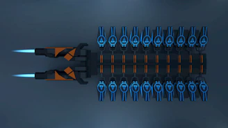 Futuristic rocket engine glowing with electric blue highlights against a dark background.