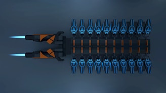 A futuristic spacecraft with two large engines emitting blue flames, and a row of blue and orange glowing symbols on its body. The overall design is sleek and symmetrical, with a dark metallic finish.