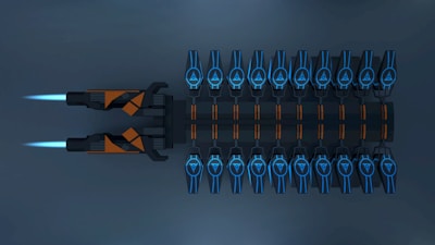 A futuristic spacecraft with two large engines emitting blue flames, and a row of blue and orange glowing symbols on its body. The overall design is sleek and symmetrical, with a dark metallic finish.