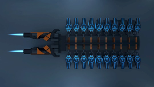 A futuristic spacecraft with two large engines emitting blue flames, and a row of blue and orange glowing symbols on its body. The overall design is sleek and symmetrical, with a dark metallic finish.