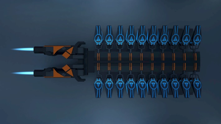 A futuristic spacecraft with two large engines emitting blue flames, and a row of blue and orange glowing symbols on its body. The overall design is sleek and symmetrical, with a dark metallic finish.