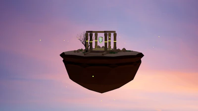 A floating island above the clouds, dotted with colorful cottages and swirling magical winds.