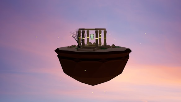 A floating island in a surreal setting with a small structure resembling an ancient temple. The island includes a few barren trees and scattered stones. The sky is colorful with a gradient of soft purple and orange hues, dotted with small glowing specks.