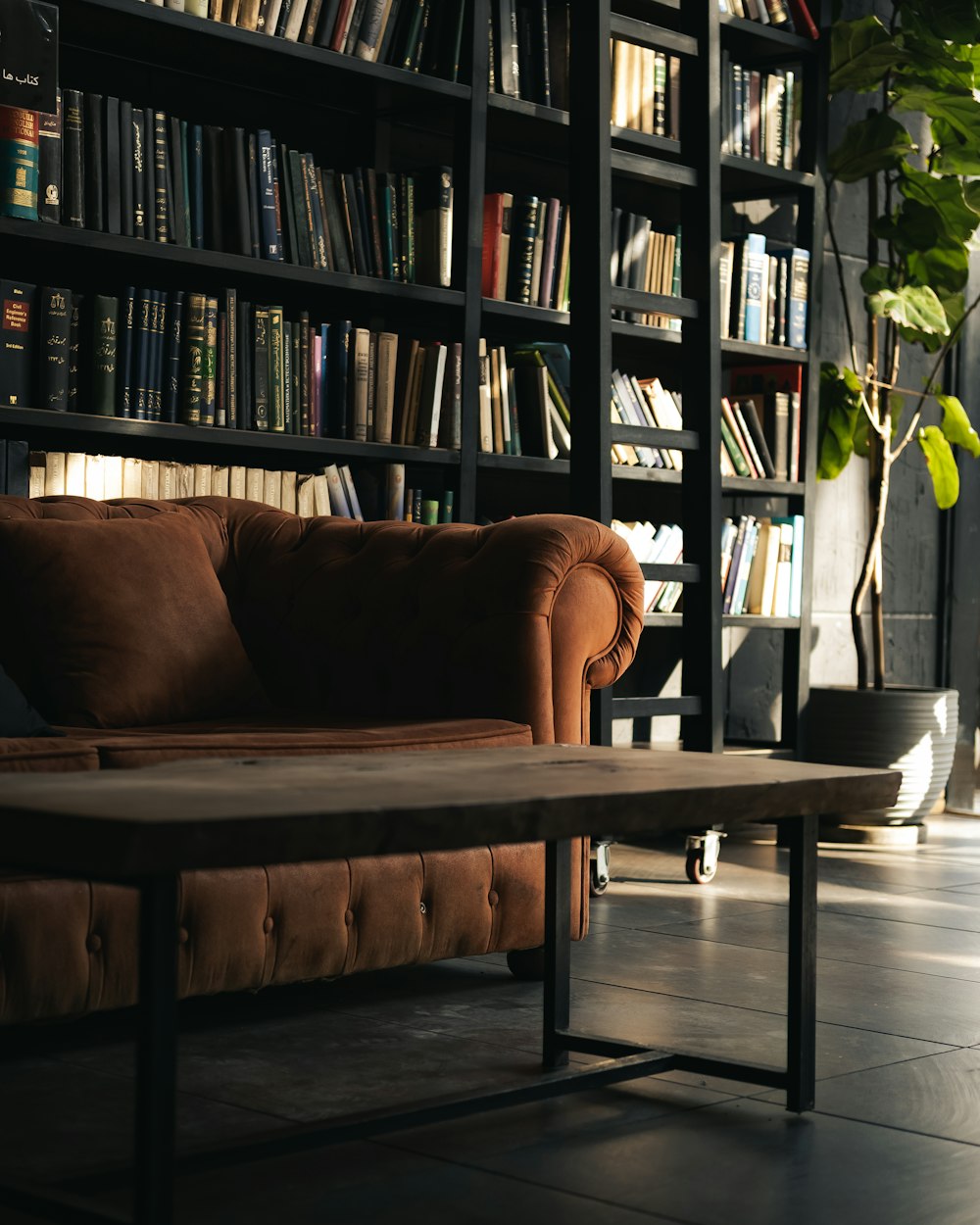 a couch sitting in front of a book shelf filled with books