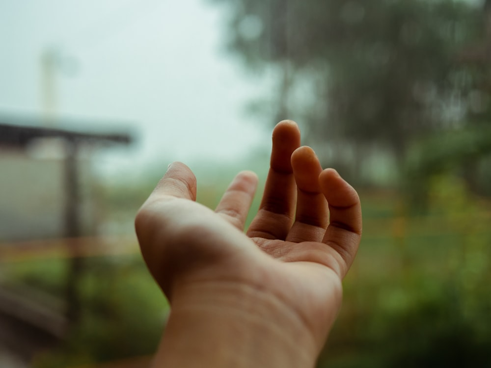 a person holding their hand out in front of a window