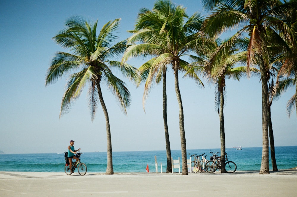 a man riding a bike down a beach next to palm trees
