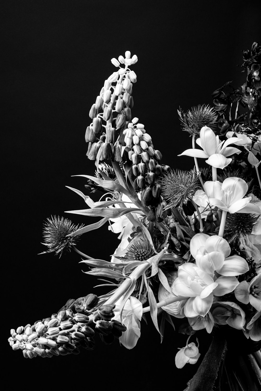 a black and white photo of a bouquet of flowers