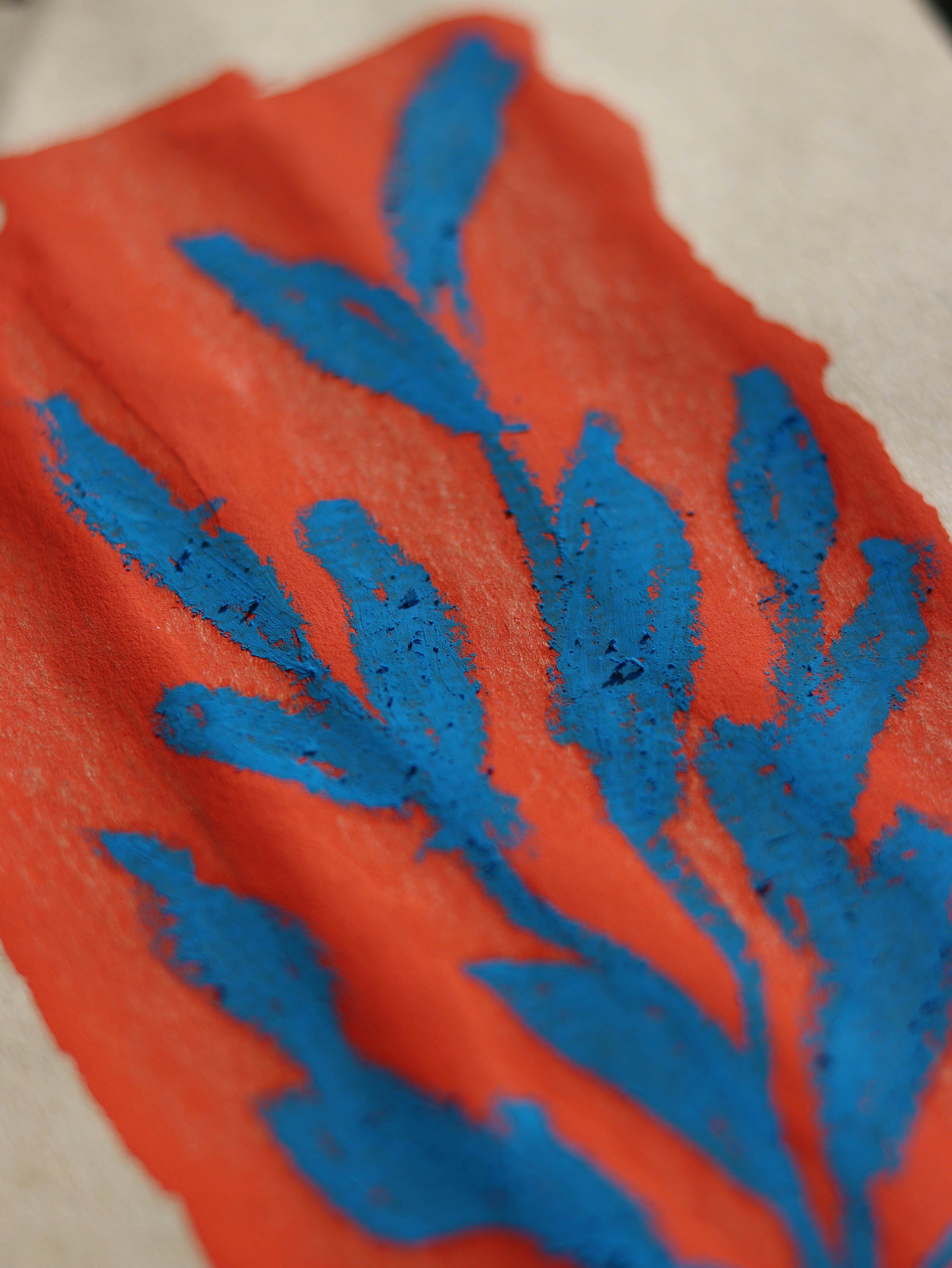 un pezzo di carta rosso e blu con fiori blu su di esso