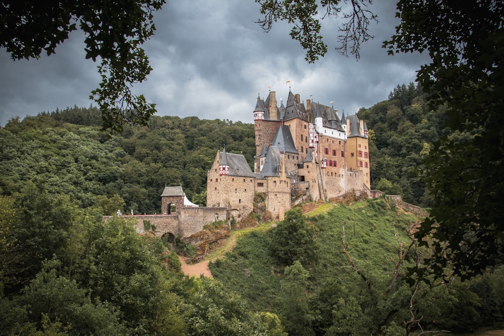 a castle on top of a hill surrounded by trees