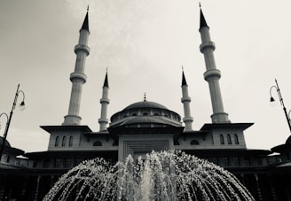a black and white photo of a fountain in front of a building