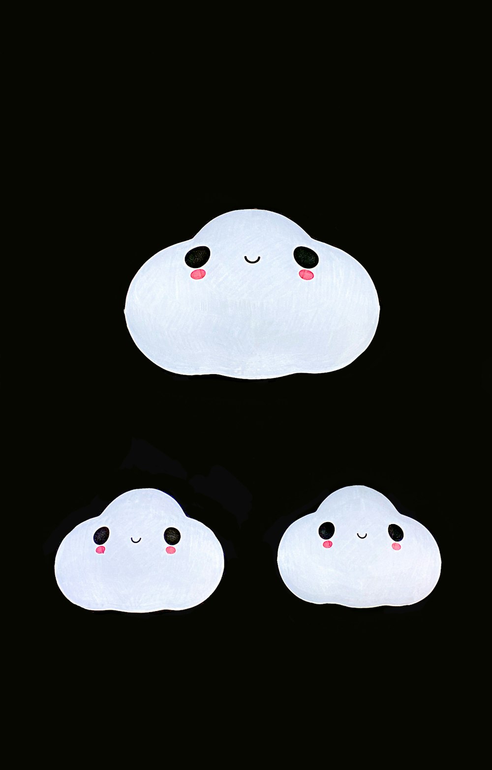 three white clouds with faces drawn on them