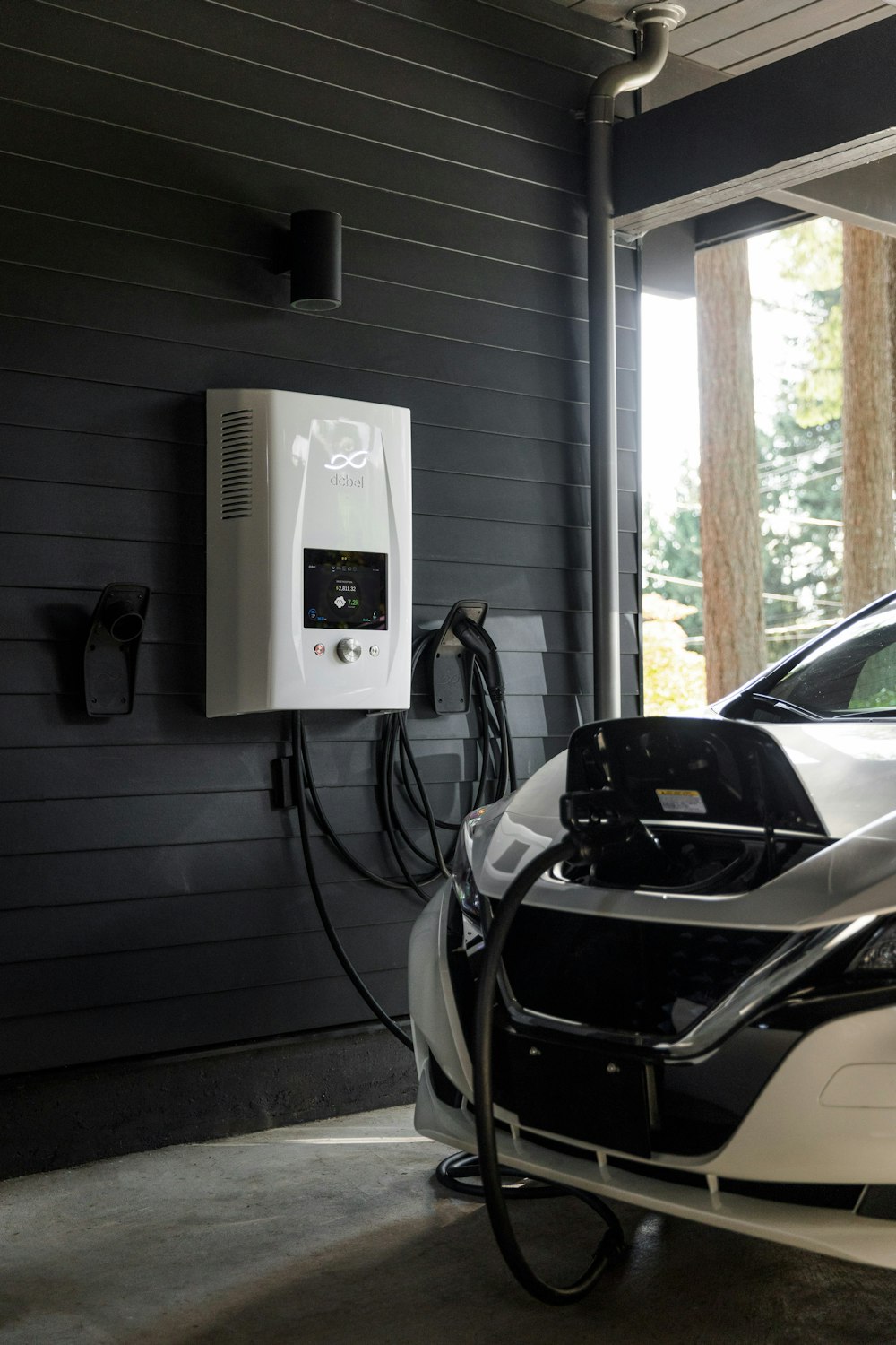 an electric car plugged into a charging station