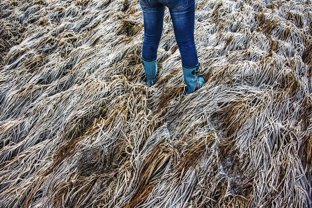 a woman standing in a field of dead grass