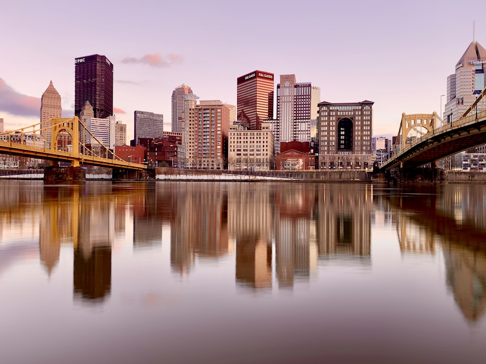 a city skyline is reflected in the water