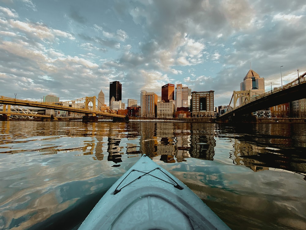 a view of a city from a kayak