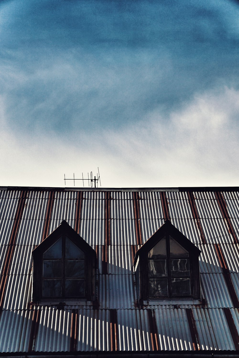 a metal roof with two windows and a sky background