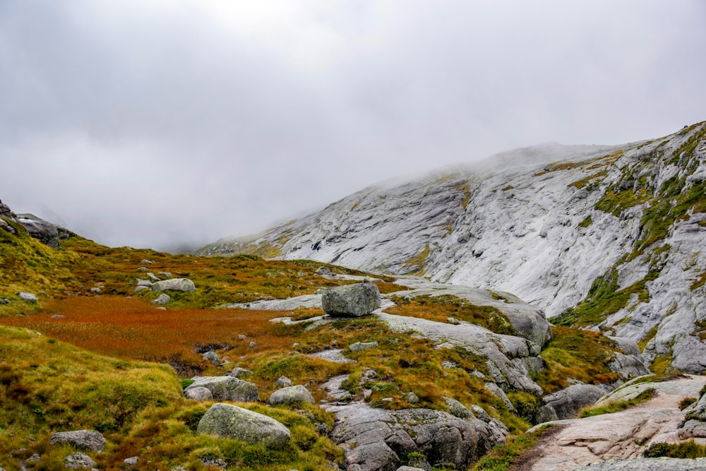 a rocky mountain with grass and rocks in the foreground