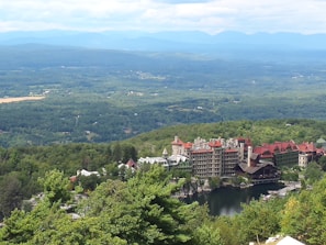A scenic view of a travel destination with accommodations.