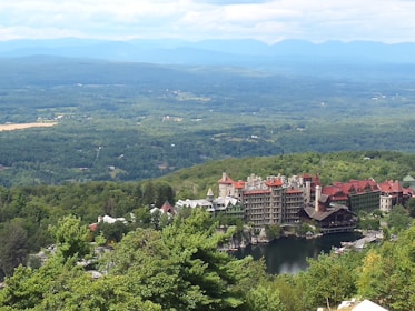 A scenic view of a travel destination with accommodations.