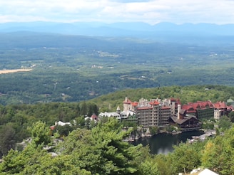 An expansive view of a scenic landscape featuring a large, historic resort complex nestled among lush greenery, with mountains in the background and a serene body of water in the foreground.