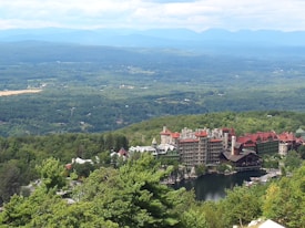 An expansive view of a scenic landscape featuring a large, historic resort complex nestled among lush greenery, with mountains in the background and a serene body of water in the foreground.