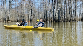 A yellow kayak glides along a tree-lined river, paddled by two people. One is actively rowing while the other is seated, looking away. Leafless trees rise from the water, casting reflections on the river's surface under a clear blue sky.