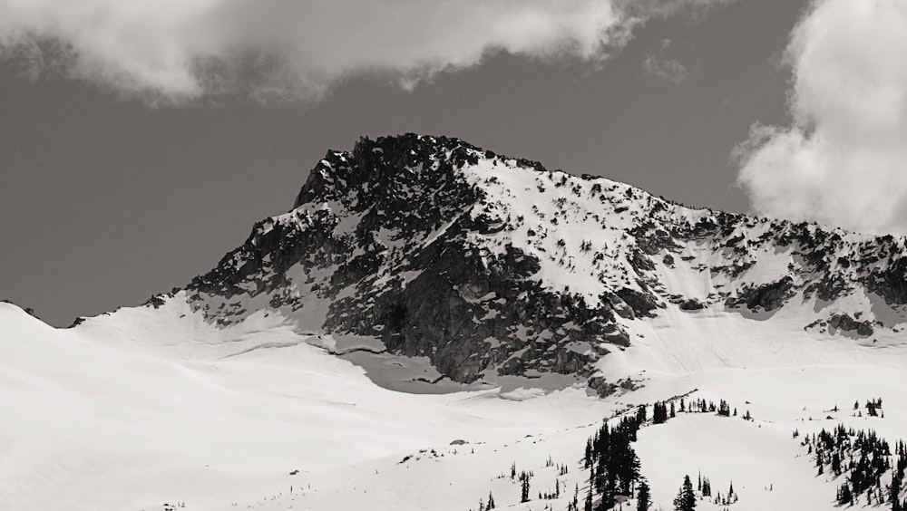 a mountain covered in snow and trees under a cloudy sky