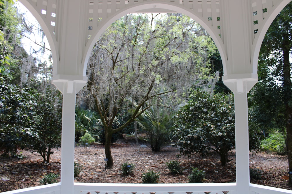 a white gazebo sitting in the middle of a forest
