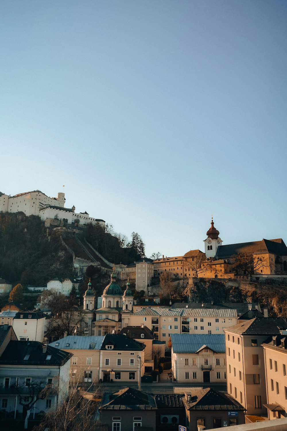 a view of a city with a hill in the background