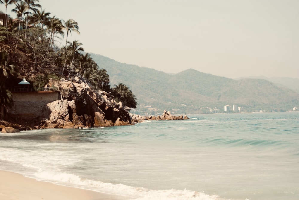 a view of a beach with a mountain in the background