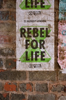 A weathered protest poster on a brick wall with the text 'REBEL FOR LIFE' in bold, green letters. The poster includes references to 'extinction rebellion' and details a date and location as '23 August London'. The background comprises rustic red and brown bricks, partly covered by remnants of other posters.