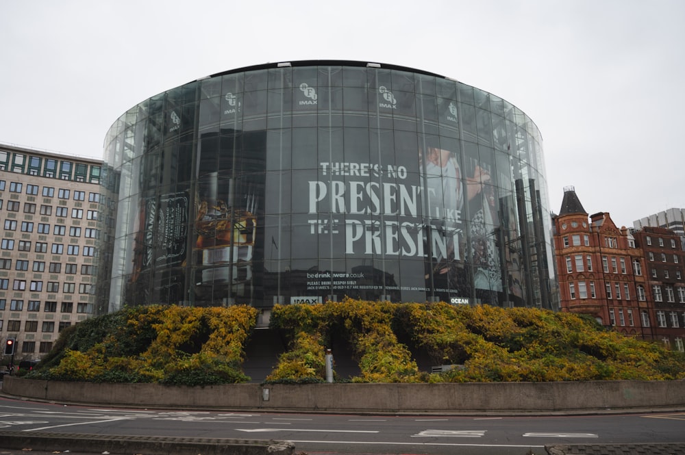 a large building with a large advertisement on the side of it