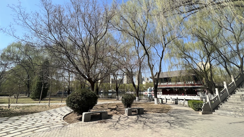 a park with benches, trees, and stairs