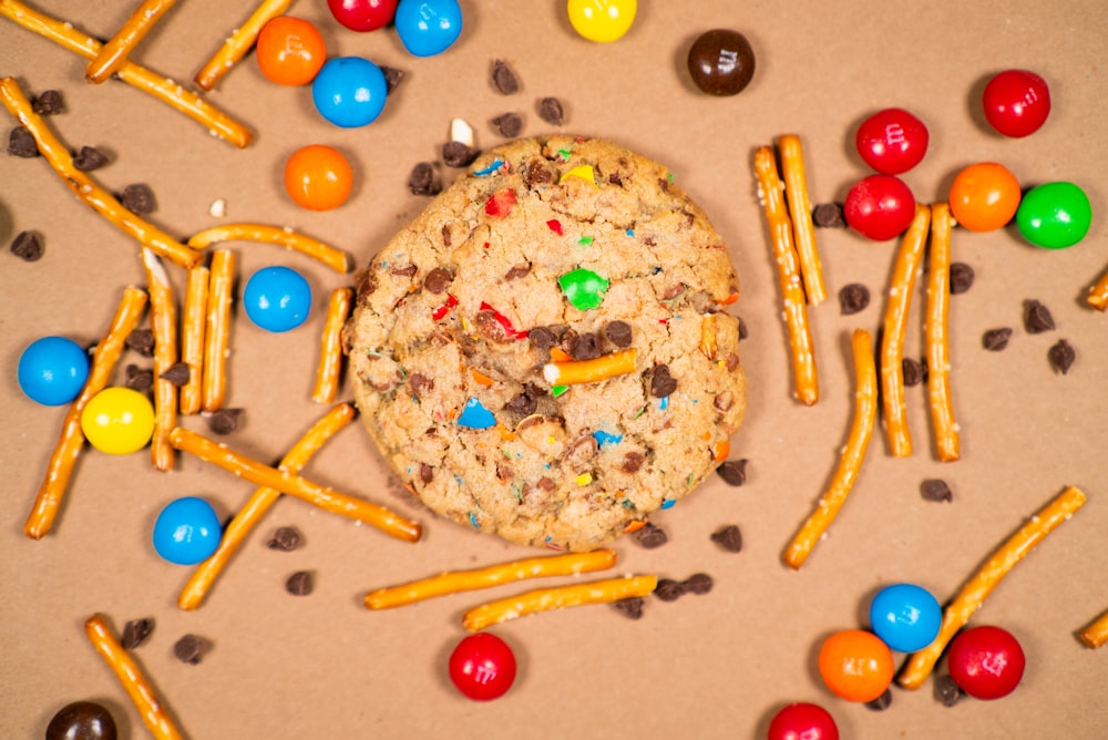 a cookie with m & m and m's on top of it